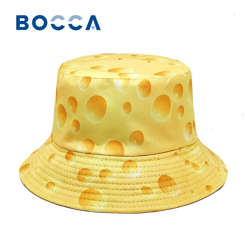 Bocca Cheese Printing Bucket Hat Yellow Pattern Fisherman Hats Double Sides Reversible Panama Cap Unisex Outdoor Sun Hot Selling