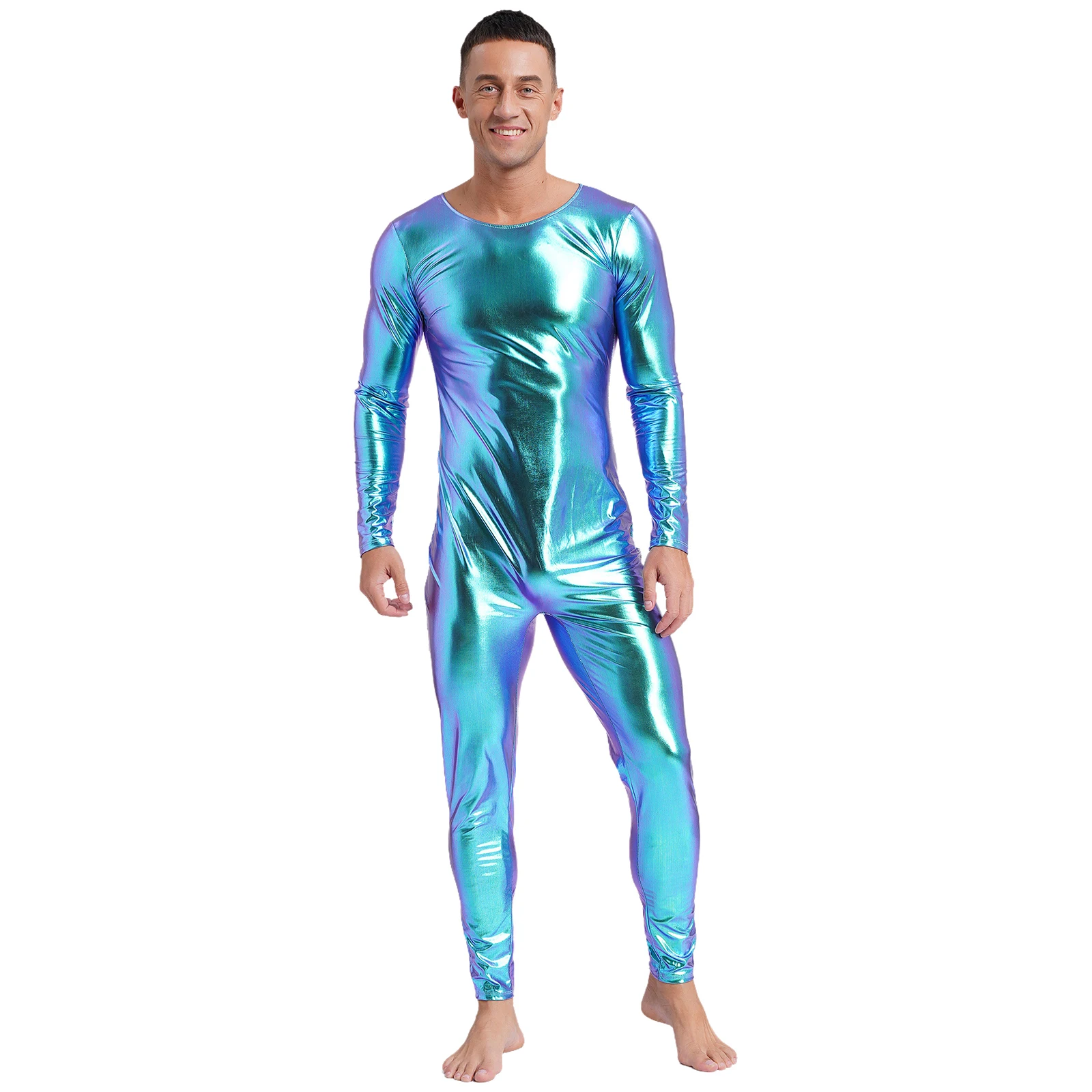 Mens Metallic Shiny Unitard Dancewear Round Neck Long Sleeve Slim Fit Full Body Bodysuit Jumpsuit One-piece Stage Rave Costumes