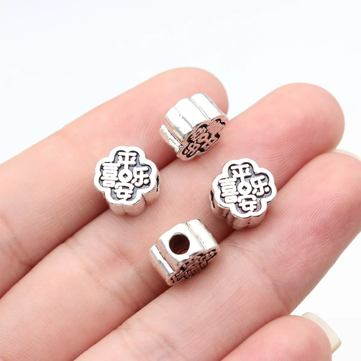 20pcs 10x10x5.5mm(0.39x0.39x0.22inch) 2 Colors Chinese Style Peace And Joy Pierced Beads Alloy Jewelry Making Accessories