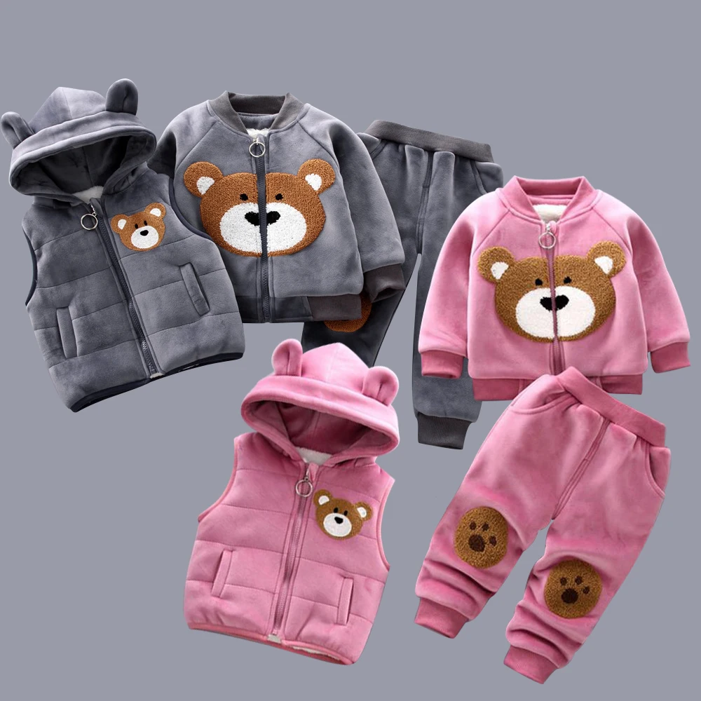 

Winter Baby Girls Hooded Clothes Children Christmas Sets Vest+Coat+Pant 3 Pieces Boy Suits Cartoon Bear Garment For Kids 1-4 Age