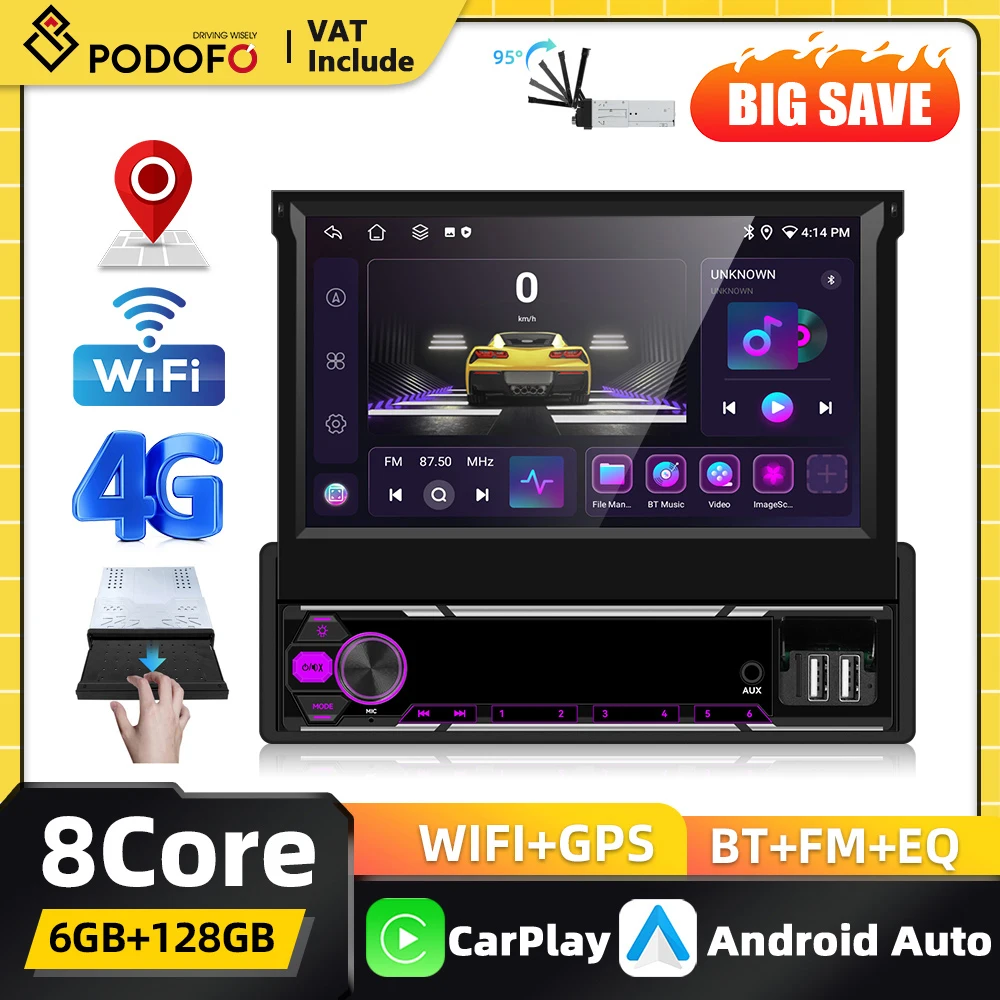 Podofo 6+128G Ausziehbarer Bildschirm 1 Din Android Auto-Multimediaplayer Carplay GPS-Navigation WLAN Bluetooth FM AM Mirror Link
