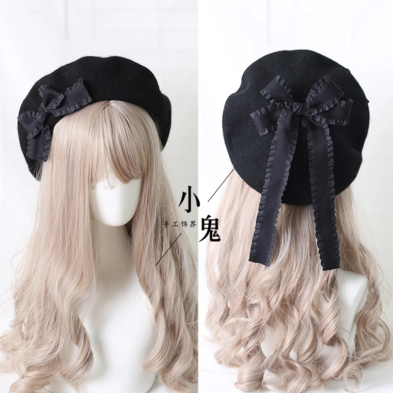 Japanese sweet and cute beret lolita hand-made bow Autumnwinter warm vintage wool painter hat