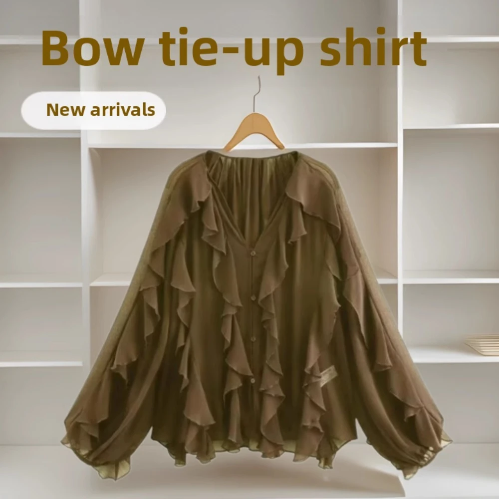 Casual Rüschen Hemd Frauen Lose Spitze Up Aushöhlen V-ausschnitt Tops Frühling Blusen Frauen Kleidung