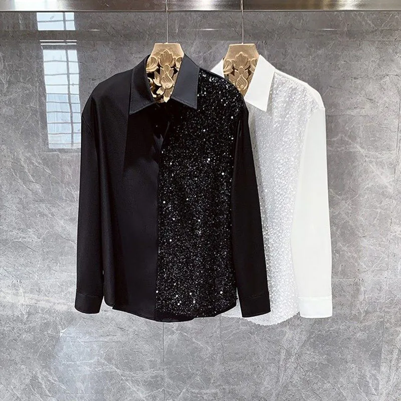 

Fashion Sequin Ice Silk Shirt For Men American Spring Autumn Trend Solid Color Lapel Single Breasted Long Sleeve Splicing Shirts
