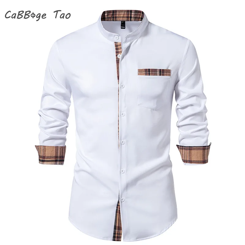 Spring New Men\'s Standing Collar Henry Shirt with Checkered Color Blocking Long Sleeved Casual Slim Fit Comfortable Shirt Top