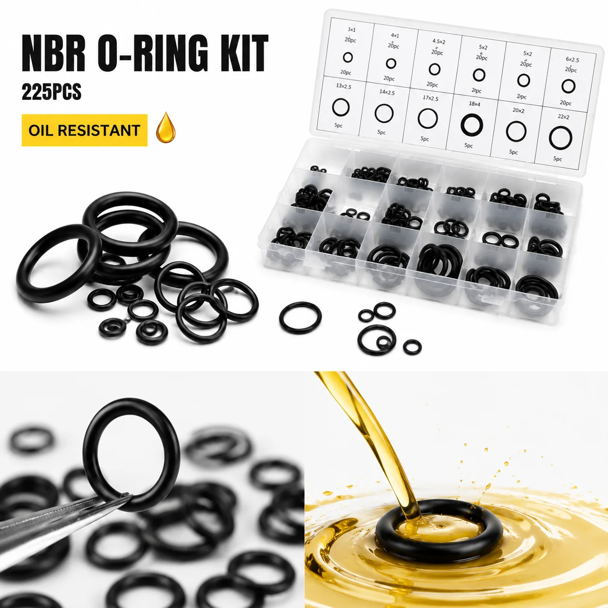Complete Vehicle Pipeline Leakage Repair Kit NBR Nitrile Rubber O-ring Kit 225 Pieces CS 1-4mm OD 3-22mm