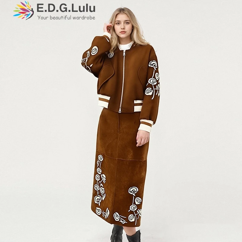 EDGLuLu 2025 Autumn Winter New Baseball Jacket+High Waisted Long Skirt Embroidered Floral Suit Outfits Two Piece 1017
