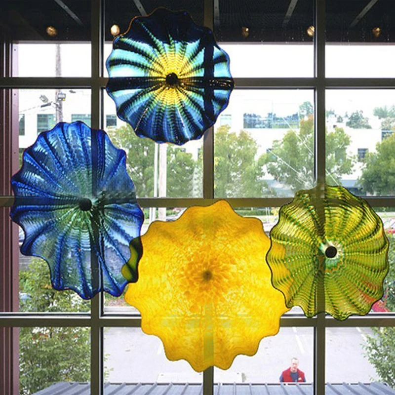 

Murano Glass Wall Art Flower Plates Set of 4 Blue Yellow Green Gradient Decor for Living Room Home Accents 20-40cm