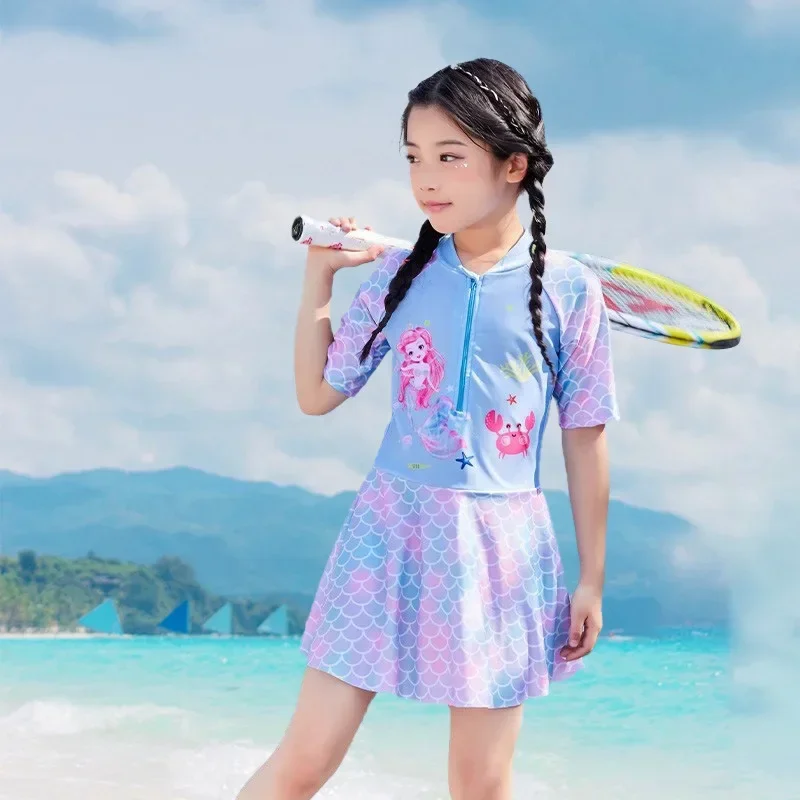

New Children's One-Piece Swimsuit Girls Cartoon Color Block Princess Skirt Style Primary School Students Swimming Suits