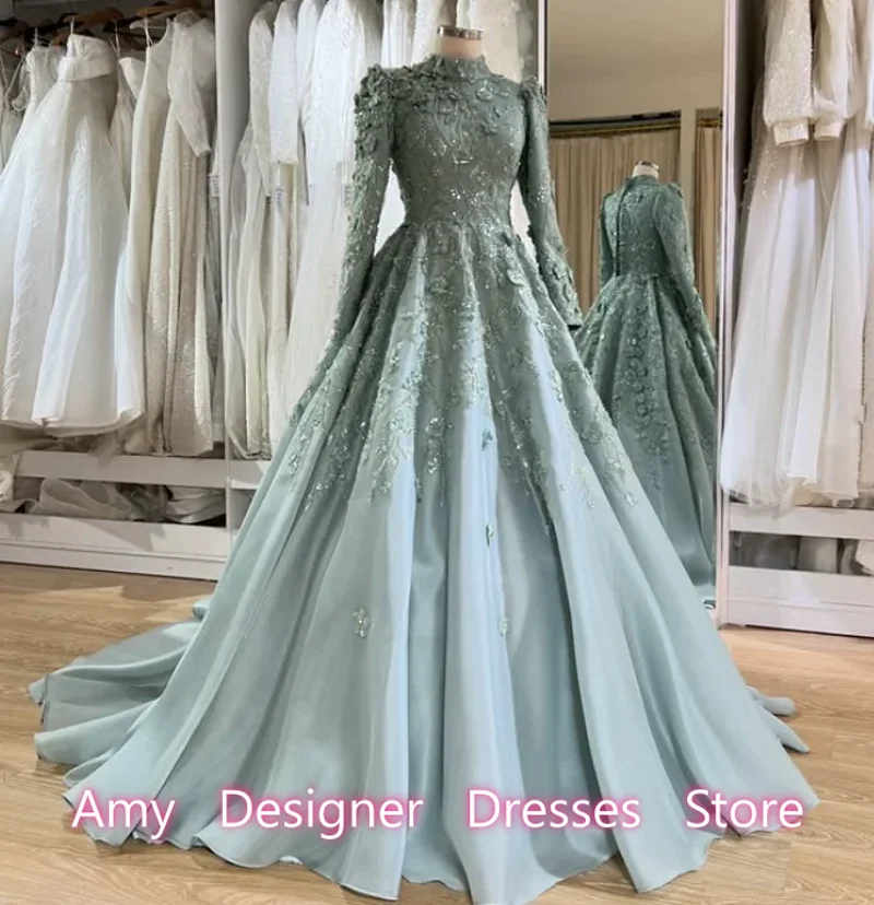 Generous Evening Dresses Ball Gown High Collar Long Sleeves Beading Sequins Wedding Party Dress Dinner Gowns Females Customized