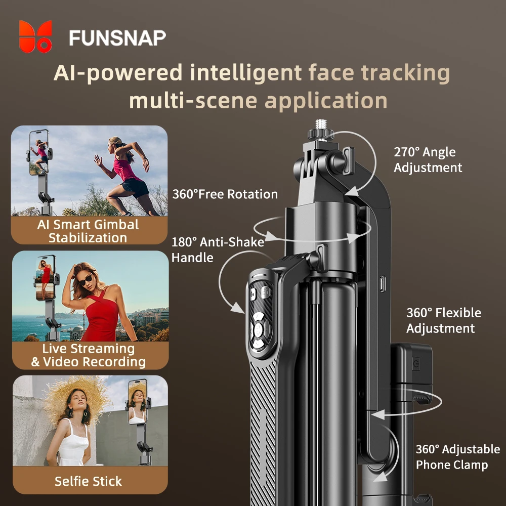 Funsnap A6/A8 New Smart Ai Panoramic Selfie Stick Fully Automatic Ai Smart Tracking Face Tracking Portable Floor-Standing Tripod