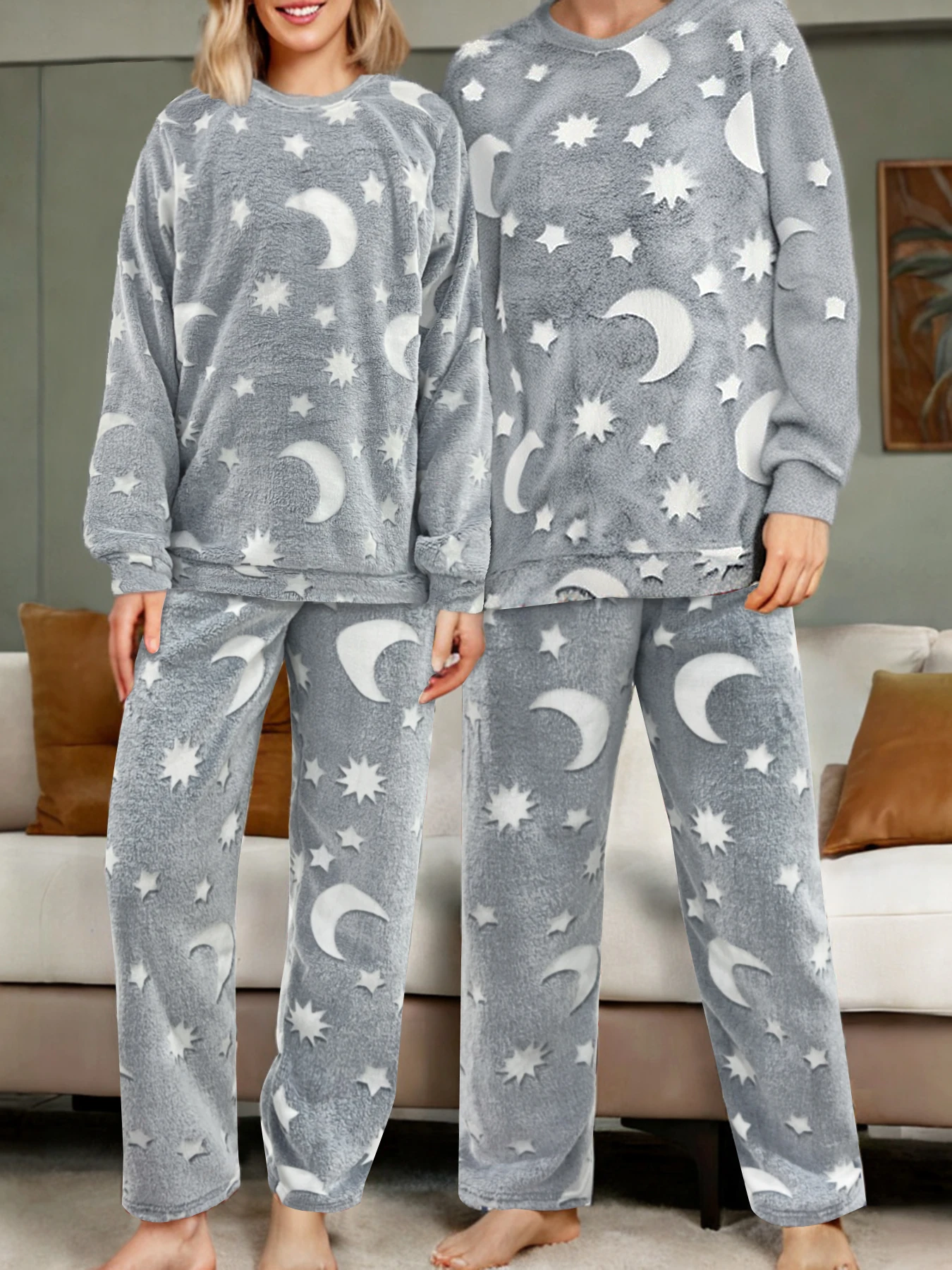 

Мужской фланелевый пижамный комплект с изображением звезд и луны, светящийся в темноте, теплый зимний флисовый домашний костюм из 2 предметов