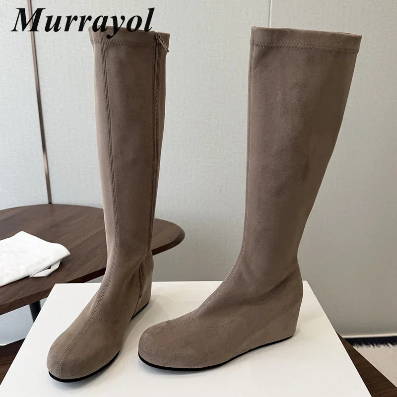 Knee-High Boots Women Cow Suede Round Toe Zip Design Height-Increasing Insoles Long Booties Ladies Autumn Winter Vacation Shoes