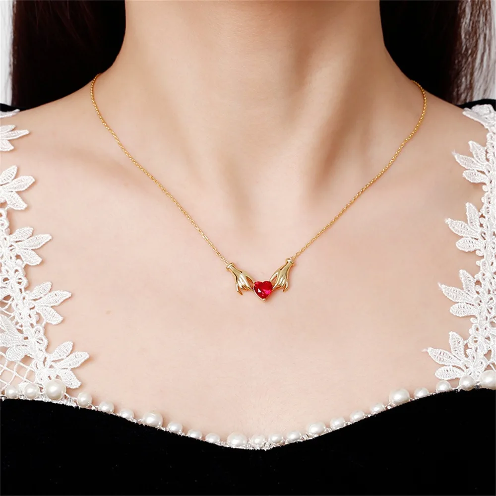 Creative Hands Red Rhinestone Love Heart Charms Pendant Necklace Jewelry Trendy Alloy Zirconia Choker Necklaces Party Gift image 4