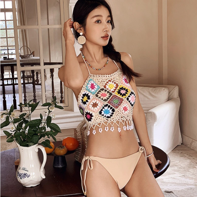 2024 Beach Summer Trendy Women's Bikini Knit Neck Tie Abstract Flower Beaded Design Two Piece Female Swimsuit Cover Up Beachwear