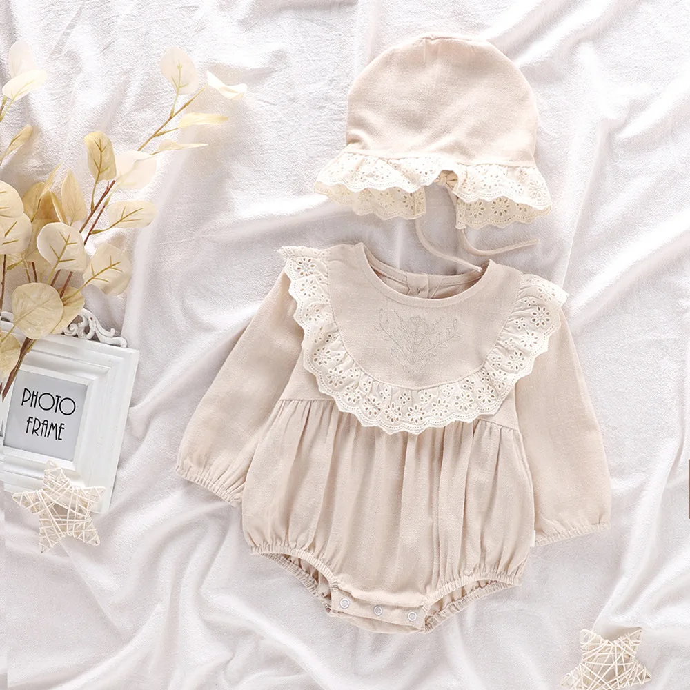 2023 Autumn Baby Girls Romper One Piece Bodysuit + Hat Newborn Cotton Long Sleeve Jumpsuit Baju