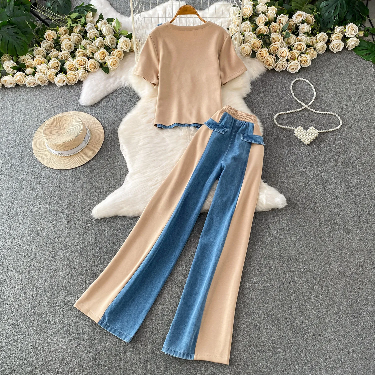 Patchwork Denim Two Piece Set Woman 2026 Fake Two-in-One Spliced Suspender T Shirt Wide Leg Pant Women's 2piece Jeans Set Outfit