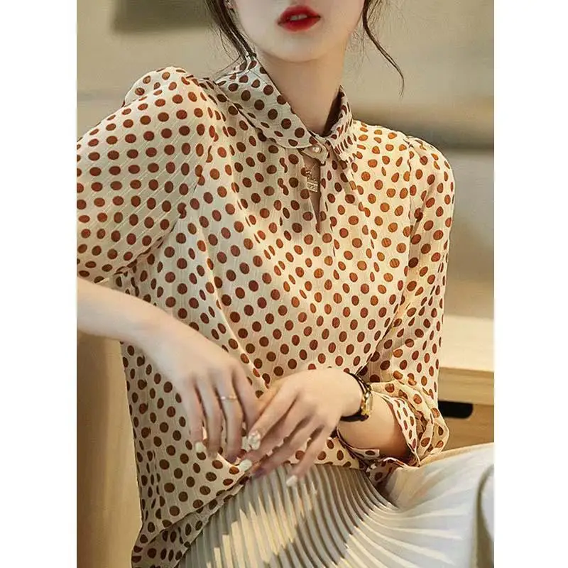 Women Korean Fashion Polka Dot Print Blouse Spring Autumn Beaded Hollow Elegant Chic Shirts Long Sleeve Loose Tops Blusas Mujer