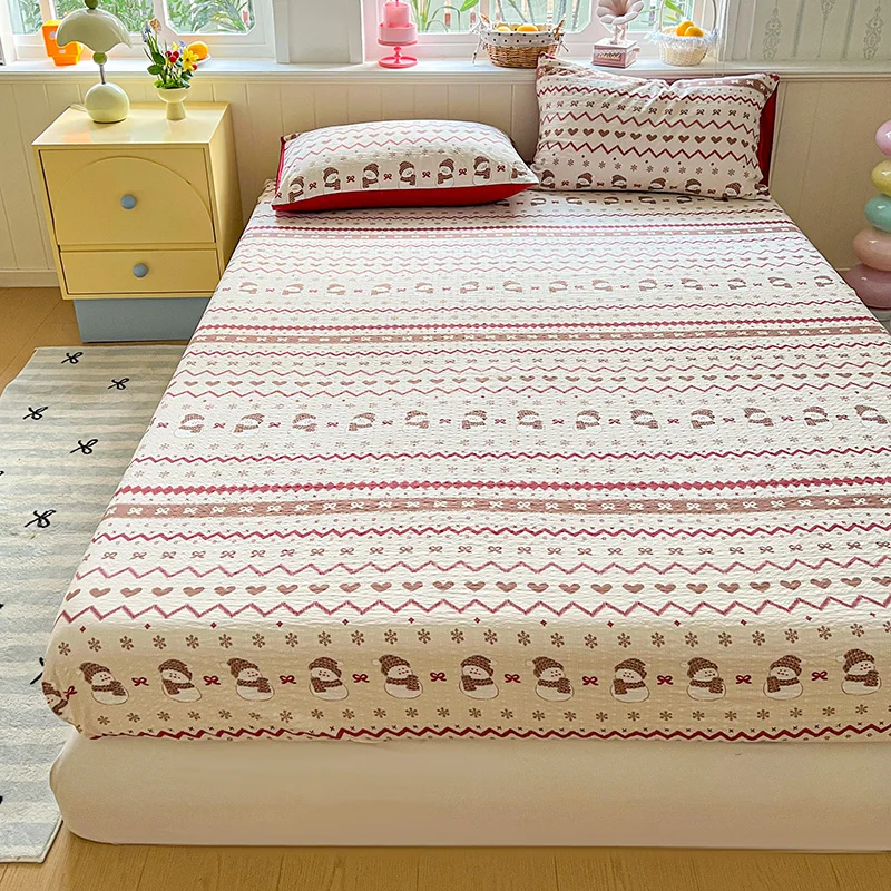 Snowman Printed Fitted Bed Sheet Double Layer Gauze Bed Sheet with Elastic Single/Queen/King Size sabanas de invierno térmicas