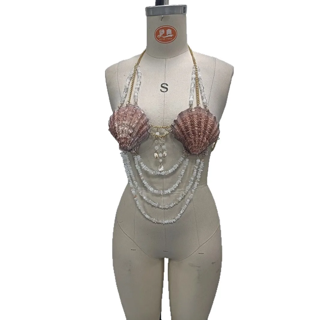 2025 mulher roupas topo camiseta nova concha feminina roupa interior all-match colete peito decoração corpo corrente halter pescoço topo