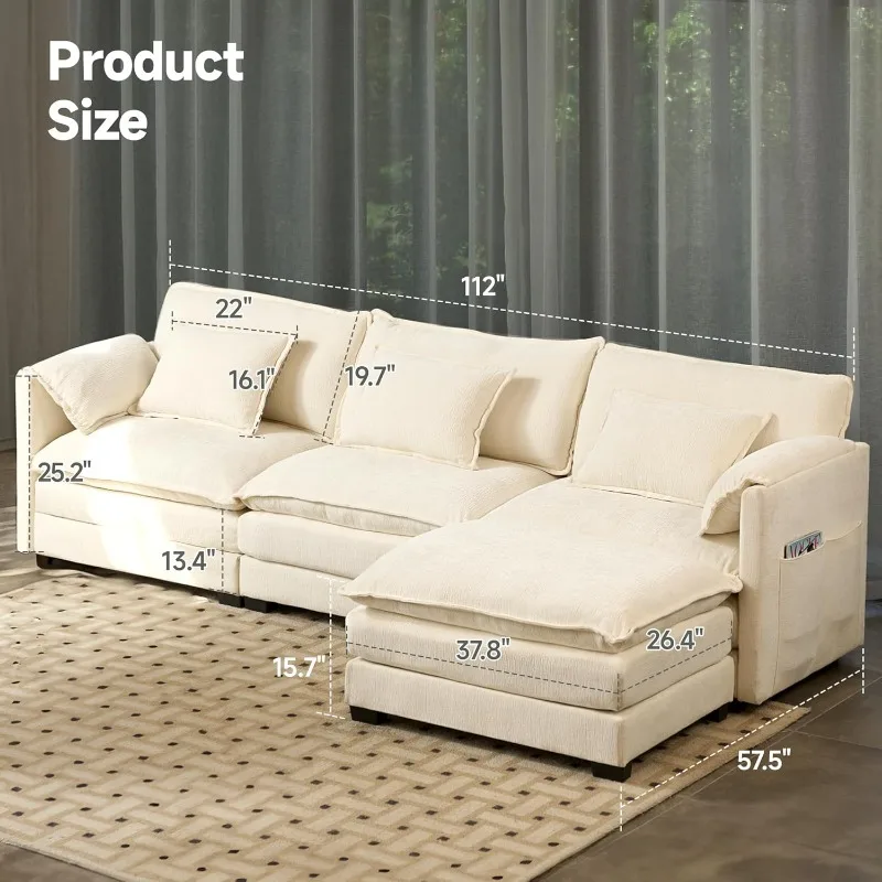 3 Seat L Shaped Convertible Sectional Sofa Couch, 112'' Chenille Modular Sofa with Removable Pillows and Double L