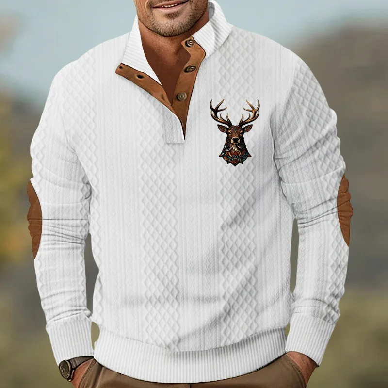 Men's Christmas Reindeer Print Long-Sleeved Pullover Sweatshirt Autumn Winter Outdoor Casual Stand-Up Collar Jacquard Knitted