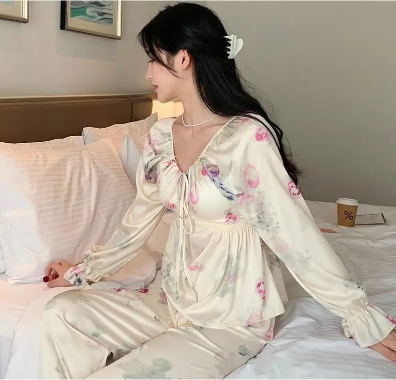 V-Neck Pijamas Suit Women 2PCS Pajamas Set Print Nightwear Lingerie Spring Autumn Long Sleeve Silky Satin Sleepwear Home Clothes