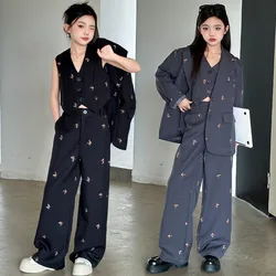 spring youth girl suit set Embroidered Butterfly suit jacket+Vest+Wide leg pants 3pcs kid clothes suit junior child outfits 4-14