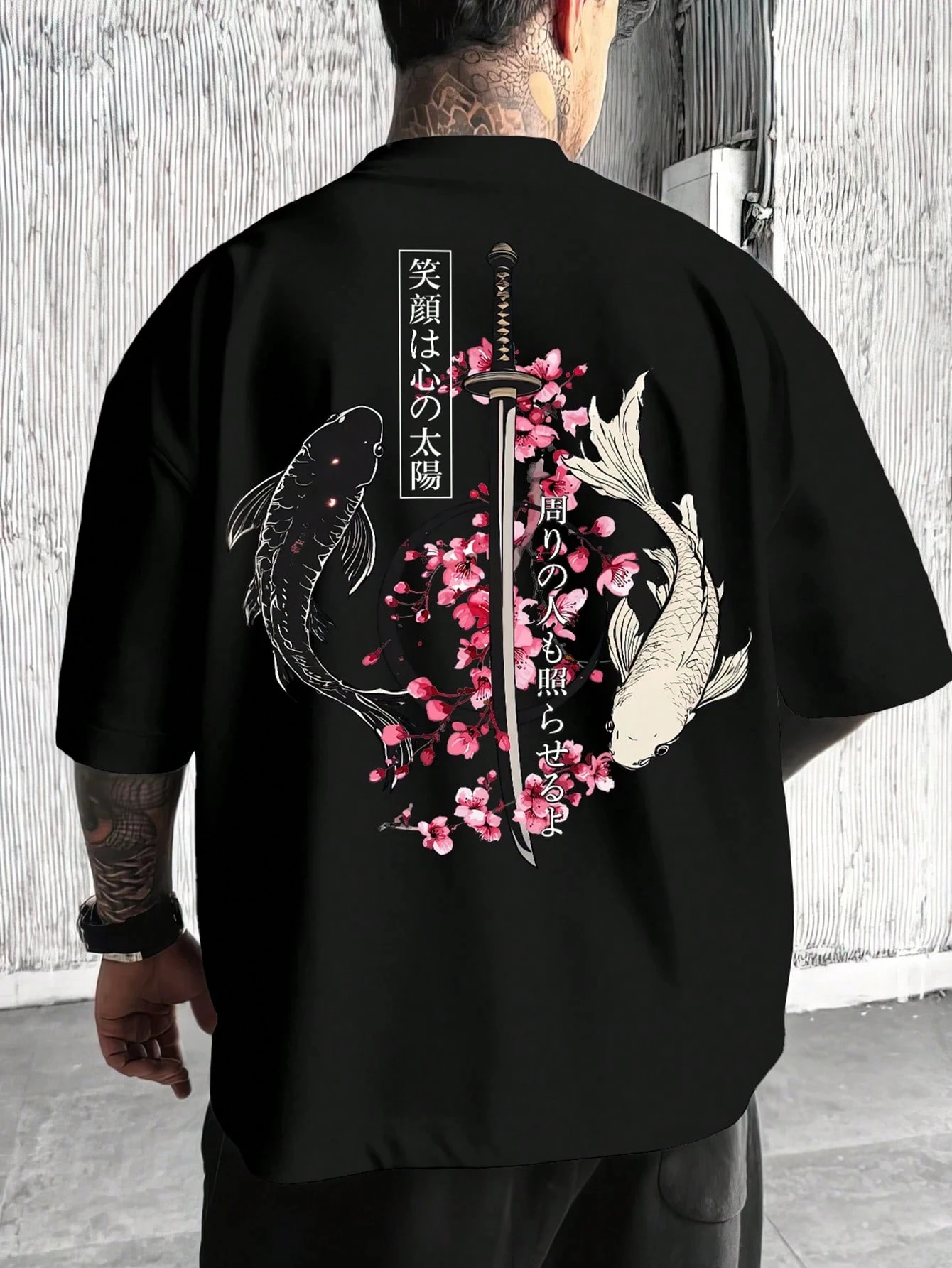 Summer 100% Cotton Men's Casual Loose Japanese Style Yin Yang Koi Fish & Samurai Sword Print Round Neck Short Sleeved T-Shirt