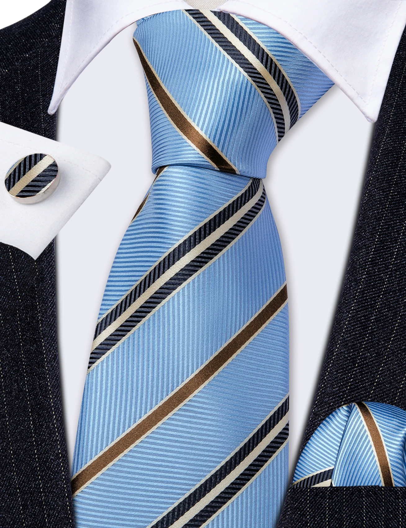 Neue blaue Krawatten, hochwertige Herrenmode, klassisches Karomuster, gewebtes Taschentuch, Manschettenknöpfe, Sets, Bräutigam, Hochzeit, Designer – Detail 8