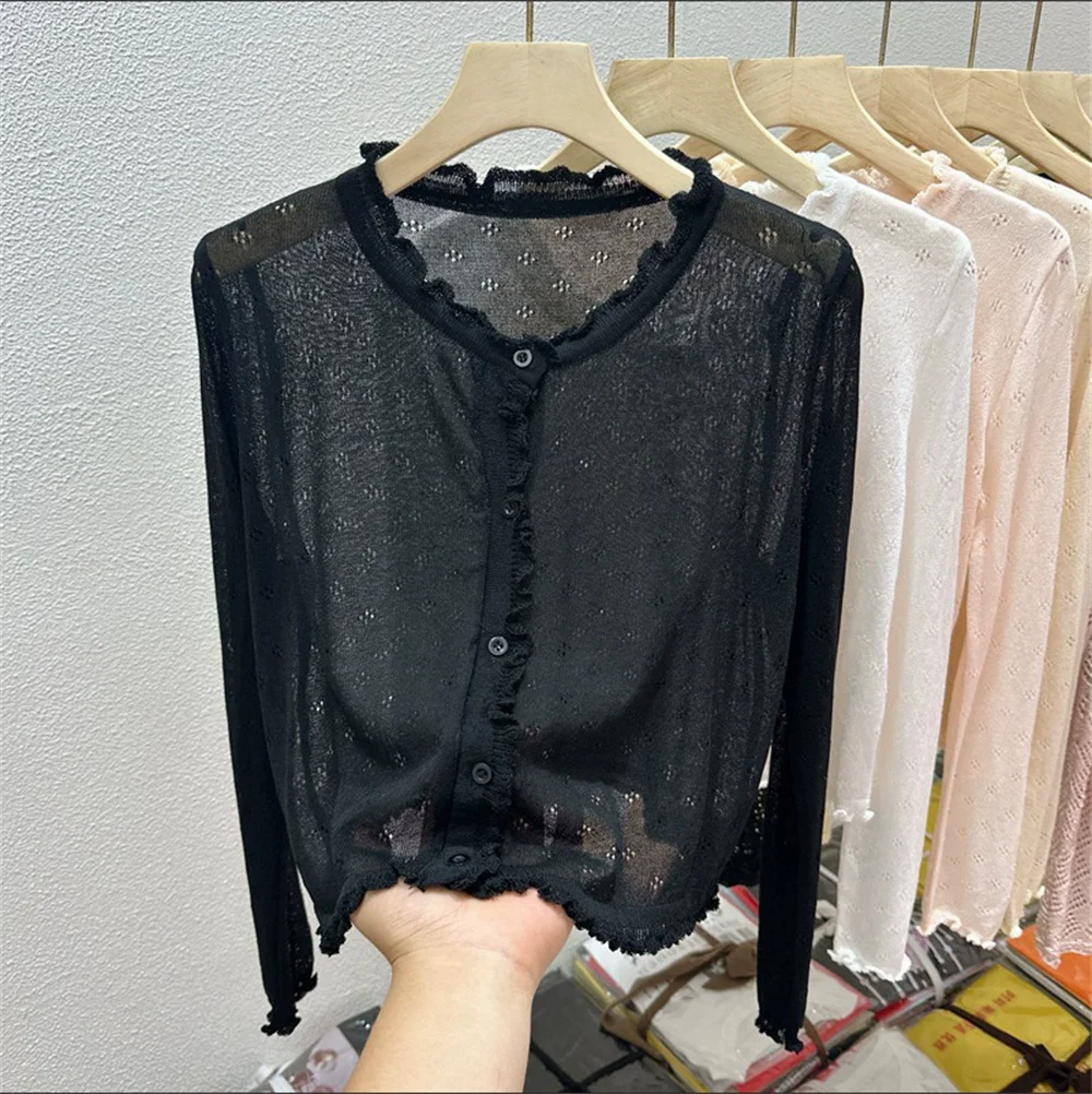 Koreaanse stijl schattig uitgehold dun gebreid vest dames zomer zwart wit beige roze vest lange mouw slanke korte knop top