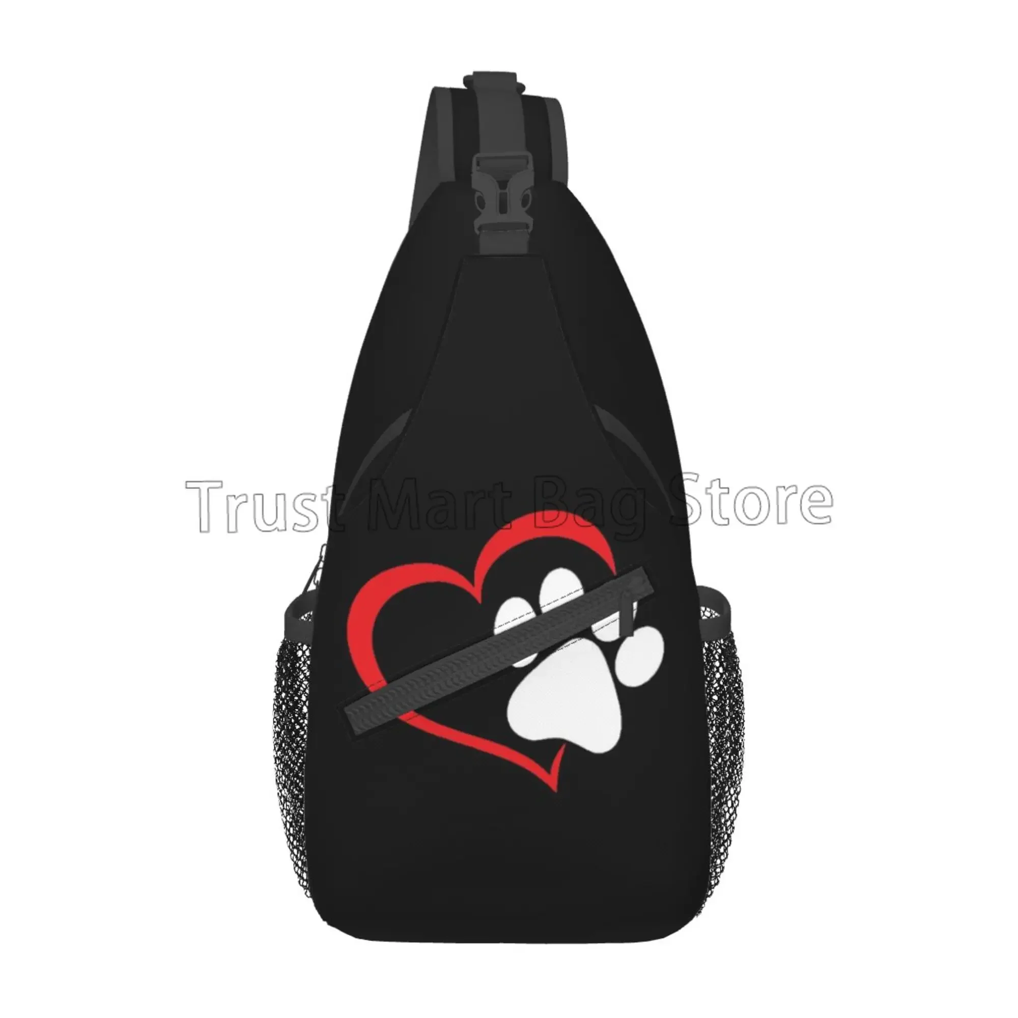 Dog Paw Print Sling Bag for Kids Teens Adults Red Love Heart Puppy Paw Crossbody Backpack Casual Chest Bag Travel Hiking Daypack