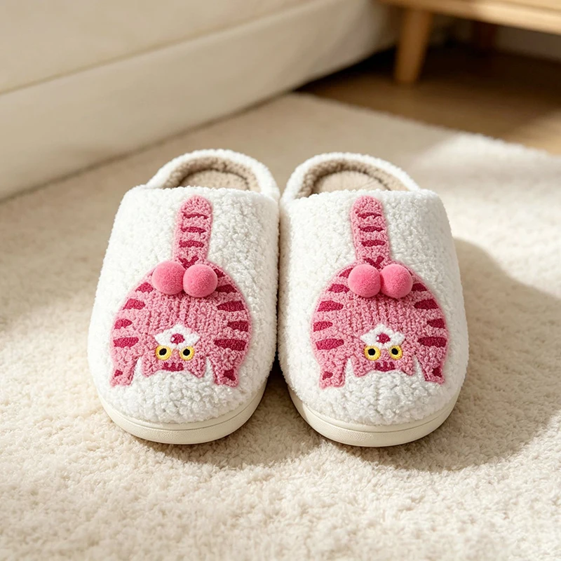 Neuartige 3D-Katzen-Plüsch-Hausschuhe für Damen, lustige Plüsch-Winter-Mules, warme, flauschige Fell-Slides für Mädchen, Unisex, rutschfest – Detail 10
