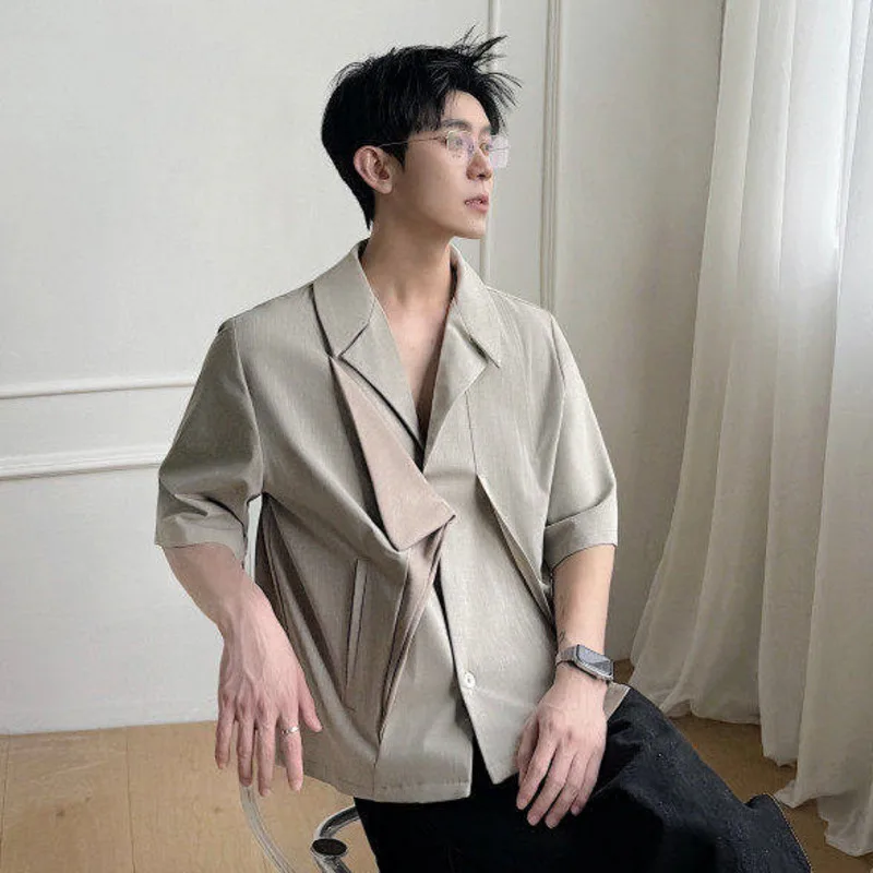 WVGA 2026 Spring Summer New Men Deconstructed Collar Multi-Shape Short Sleeved Shirt Stylish Patchwork Fake Two-Piece Top W25381