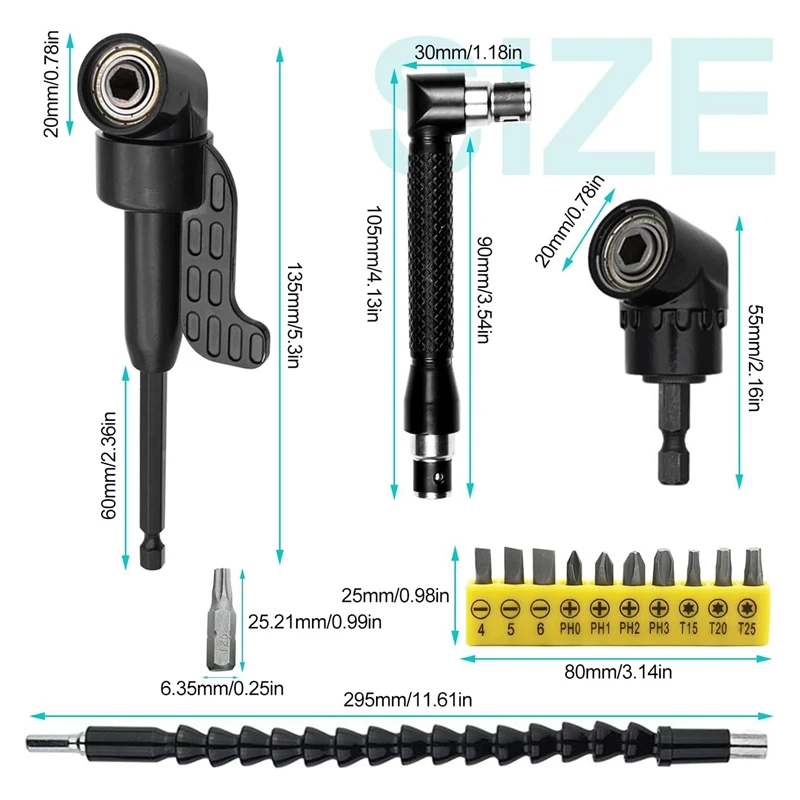 Jeu de tournevis d'angle sans fil, rallonge de perceuse, facile à utiliser, accessoire de rêve, 105 °, 14 pièces