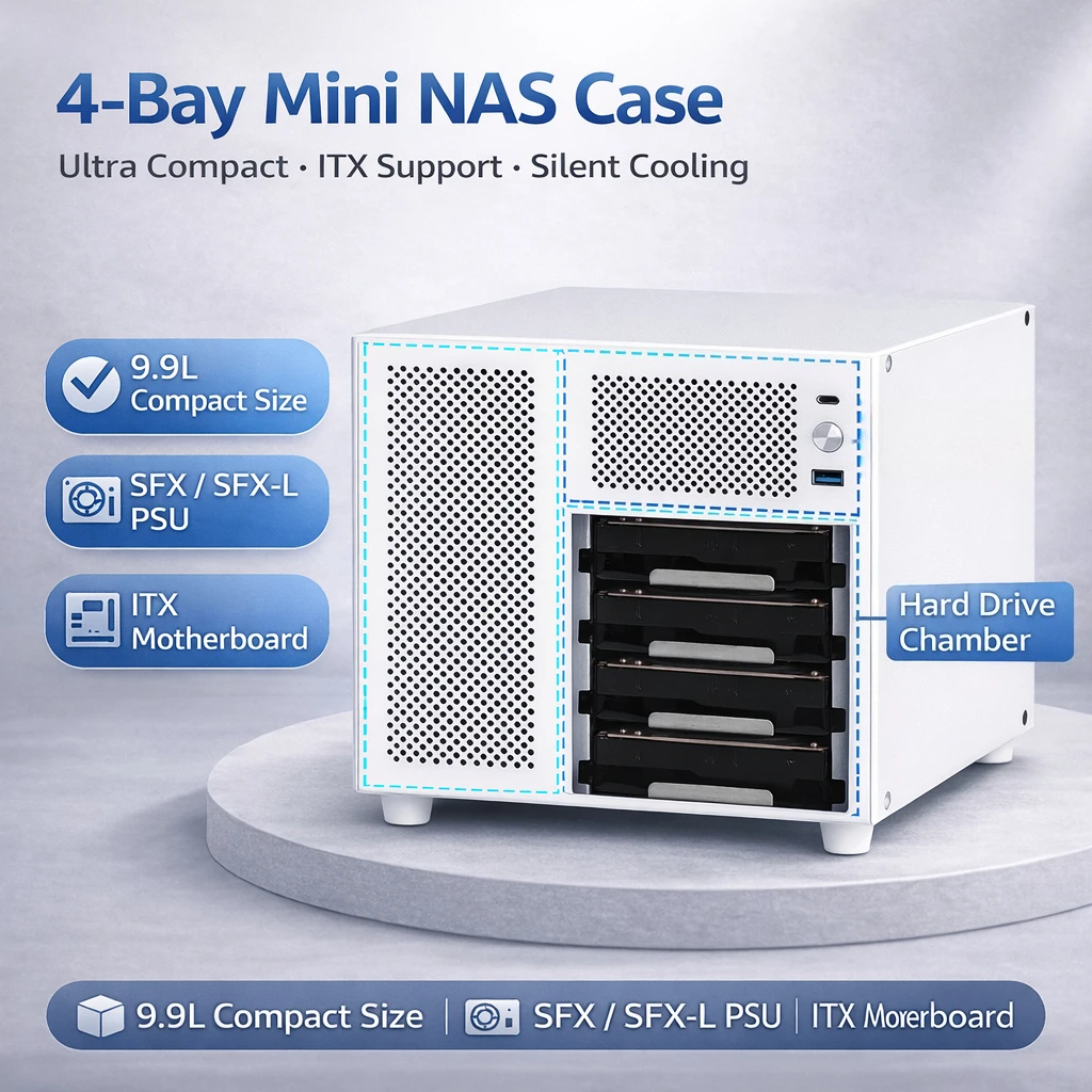Mini ITX NAS Case 4 Bay 9.9L Compact Server Chassis Support SFX SFX-L Power Supply Home Storage Case