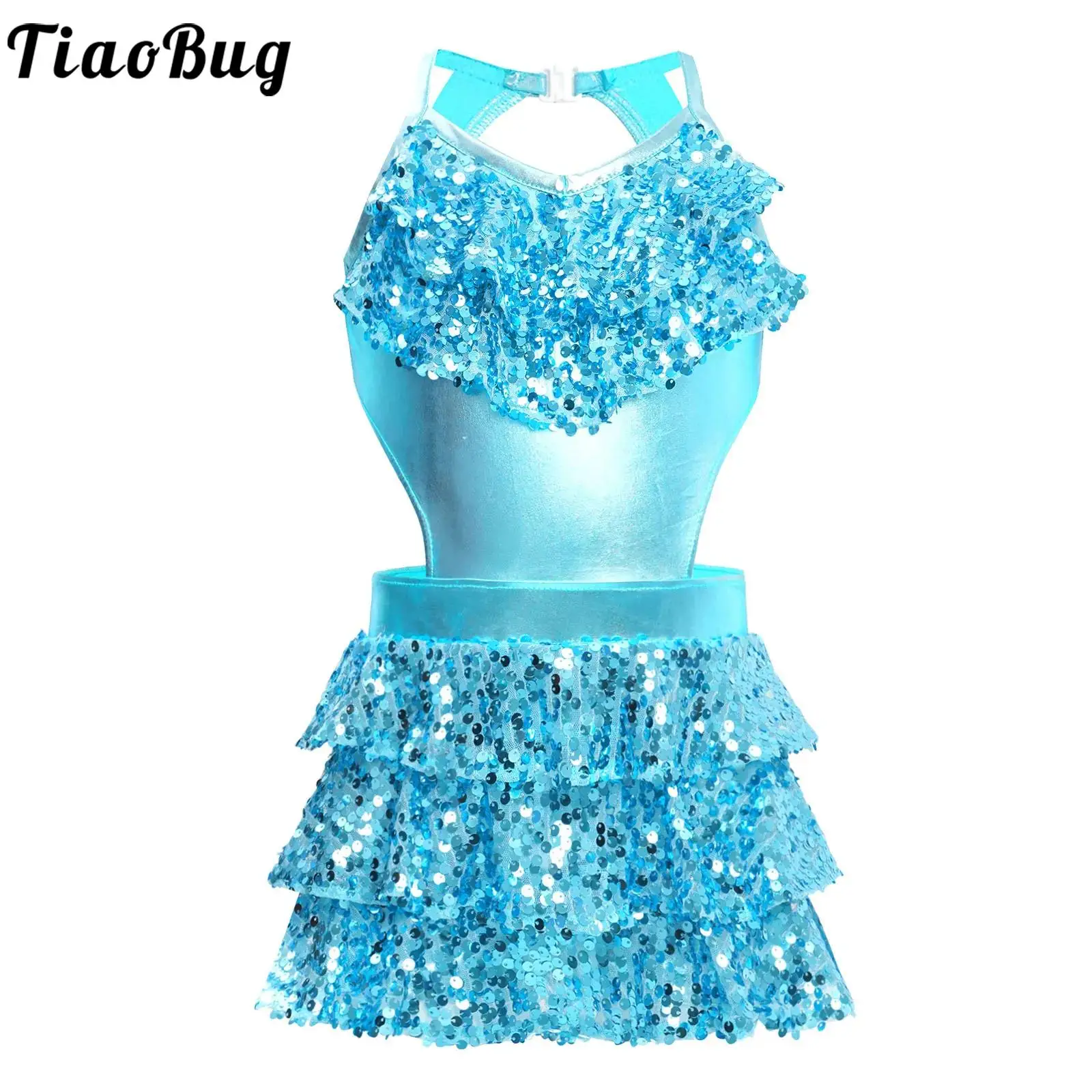 

Kids Girls Shiny Sequins Jazz Latin Ballet Dance Dress Cutout Tiered Ruffle Leotard Skating Salsa Samba Performance Costume