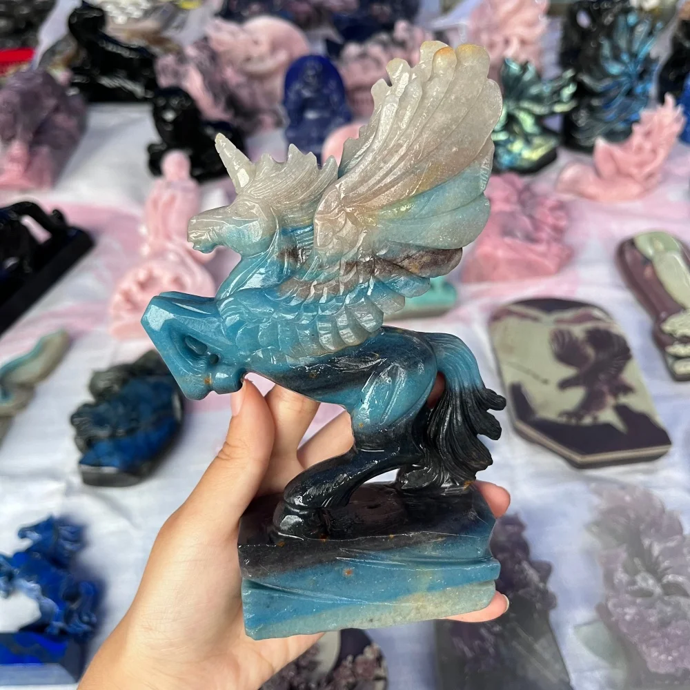 1PC Natural Quartz Amazonite Flying Horse Unicorn Carving Healing Fengshui Fashion Home Decor Lucky Gift Unique Carivng Design