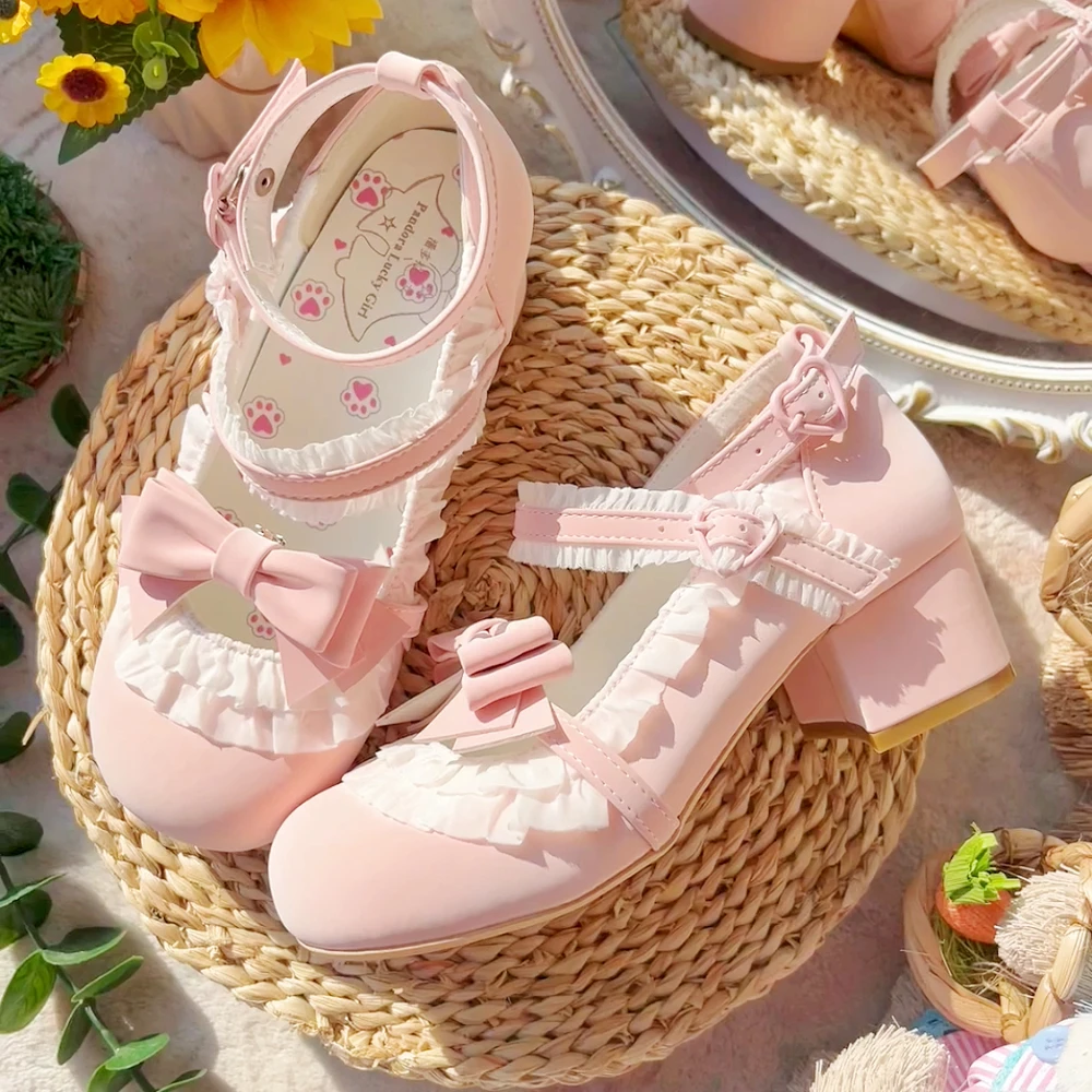 

Lolita pink platforms Heels Vintage Leather Bow Kawaii Mary Janes Single Shoes Wome Pumps Chunky Summer Elegant High Heels