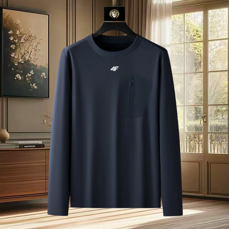 الراقية العلامة التجارية الربيع والخريف جديد مريح جولة الرقبة الرجال الأصلي رائعة إلكتروني التطريز سستة بأكمام طويلة تي شيرت #1