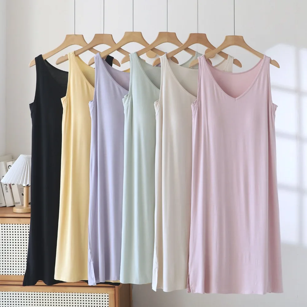 

Modal Chest Cup Nightgowns Woman Sleep Summer Sleeveless Night Dress Sleepwear Women's Nightie Thin One Piece Pajamas Dress