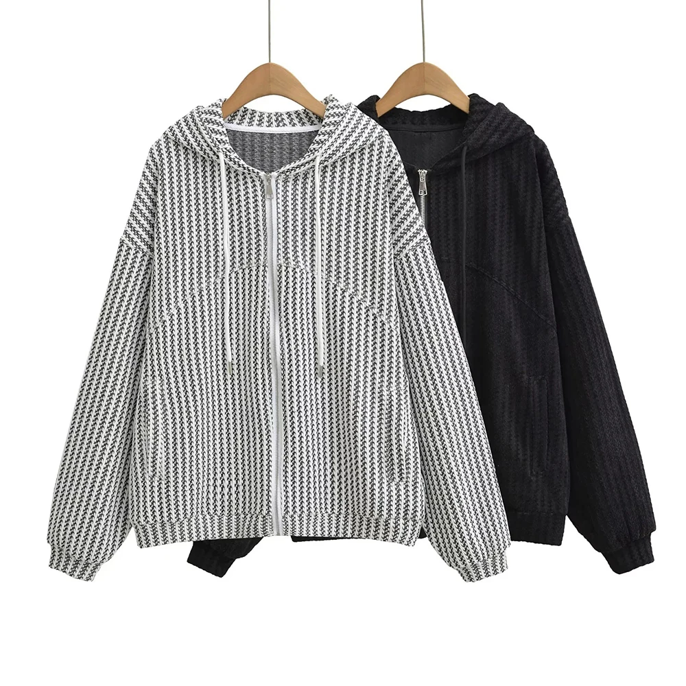 

Женские свободные толстовки на молнии с капюшоном, модные черно-белые свитшоты в клетку «гусиная лапка», повседневная верхняя одежда для женщин на весну-осень