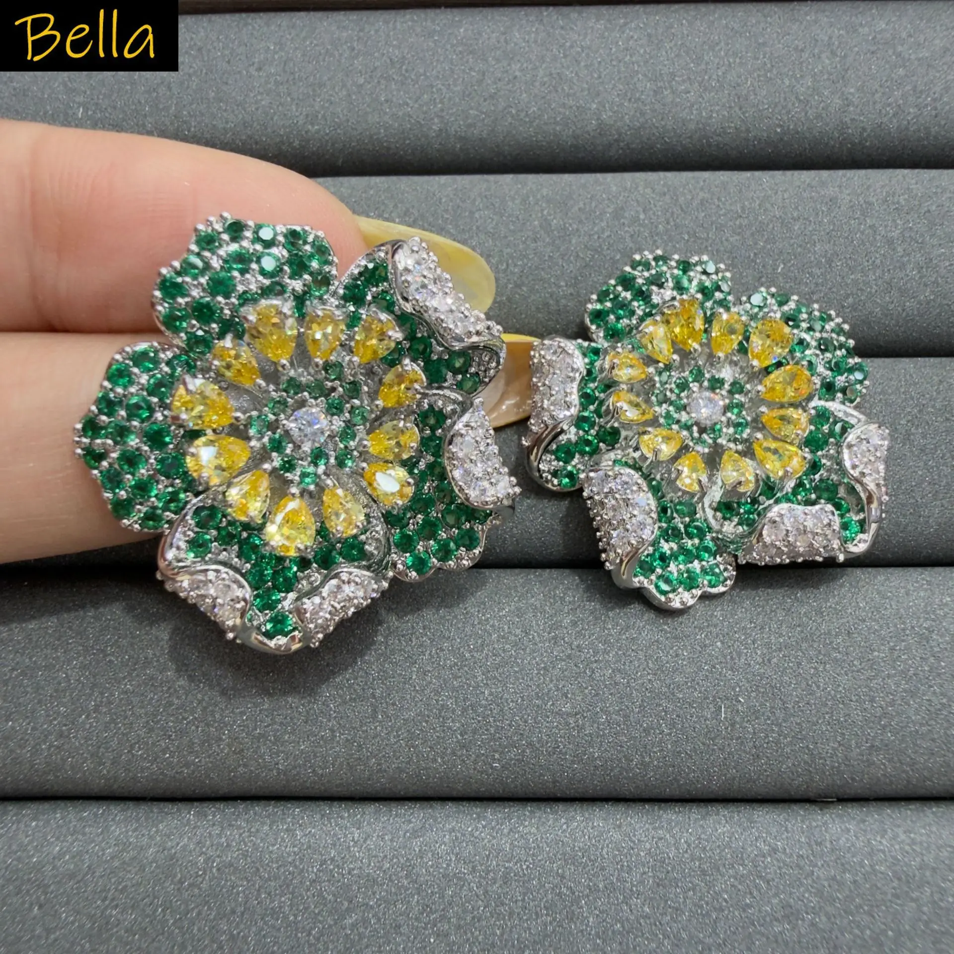 luxury cubic zirconia floral stud earrings for women shiny statement jewelry cute sweet flower studs pink green white zircon