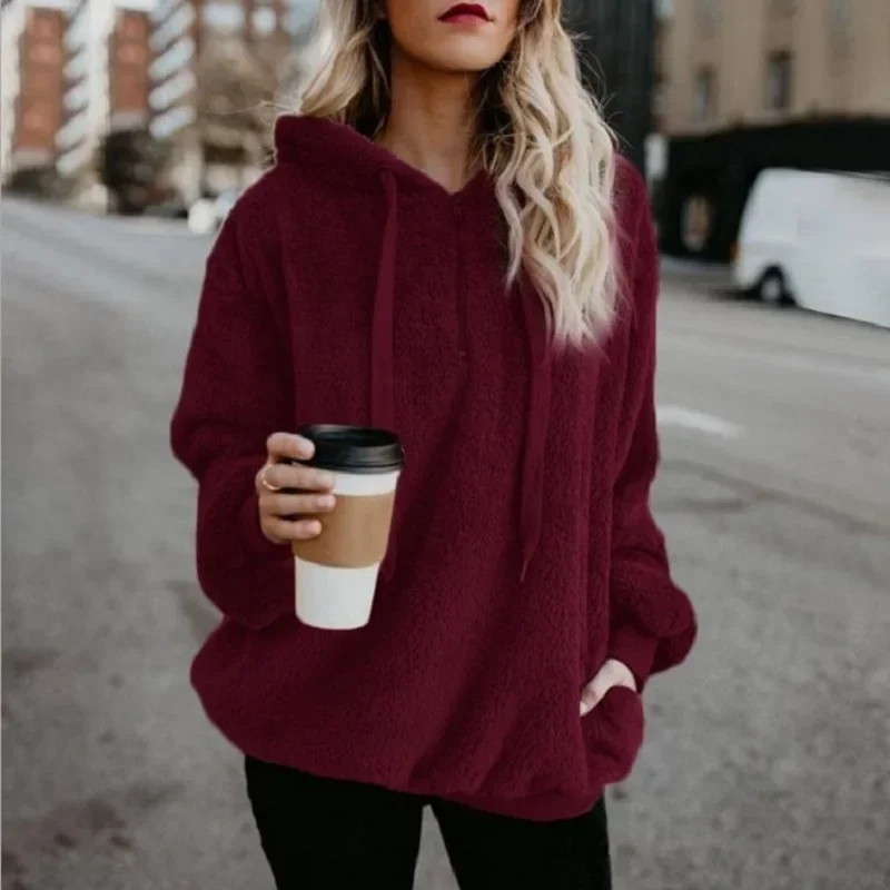 Women\'s Long-Sleeved Hooded Sweater Monochromatic Coat  Fashion Trend