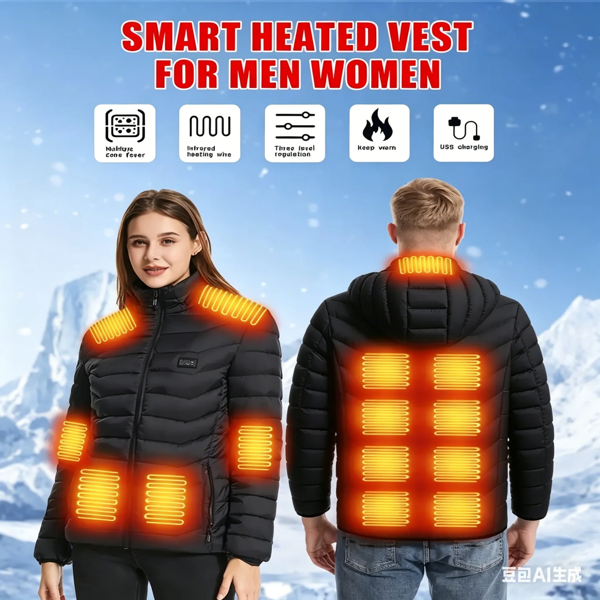 USB Powered 29 Areas Heating Jacket with 4 Zone Control 3 Heat Levels Winter Warm Polyester Fabric Coat for Outdoor Sports And C