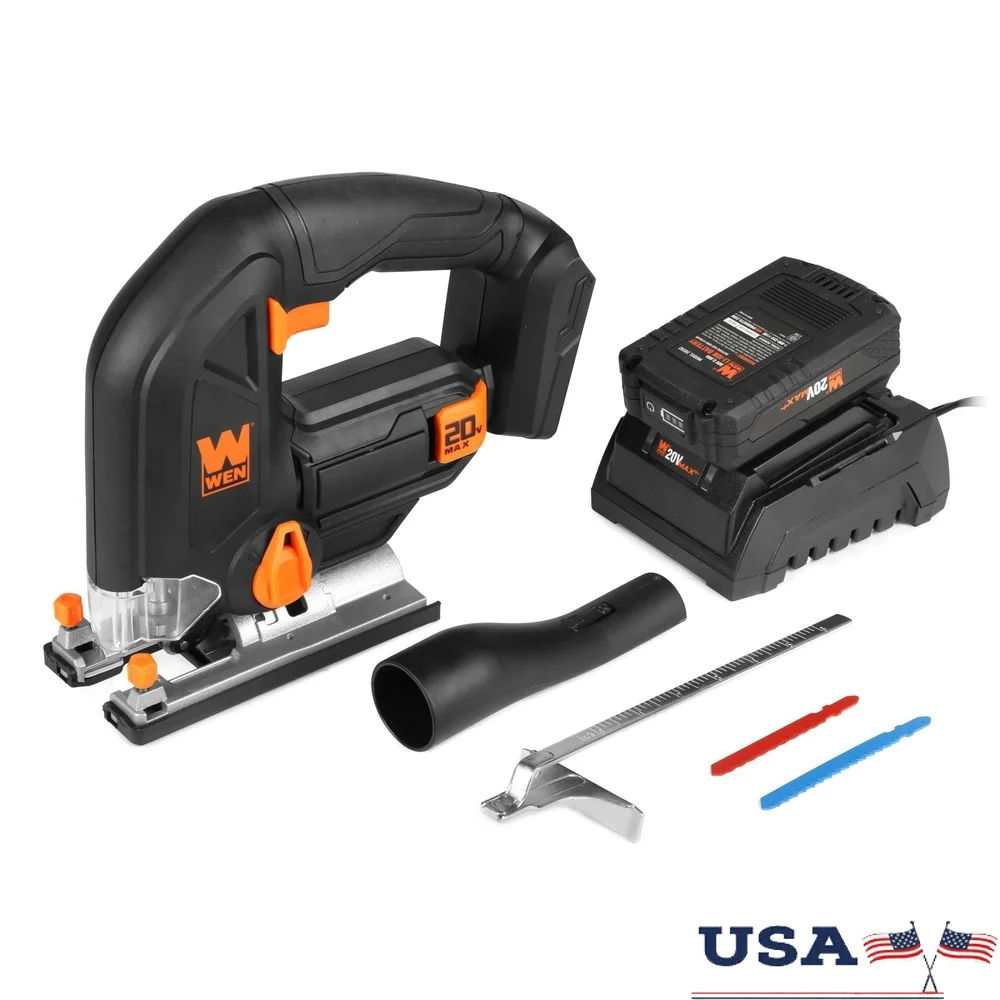 

20V Max Cordless Jigsaw with 2.0Ah Battery Charger LED Light Variable Speed Beveling Tool Free Blade Change Dust Port