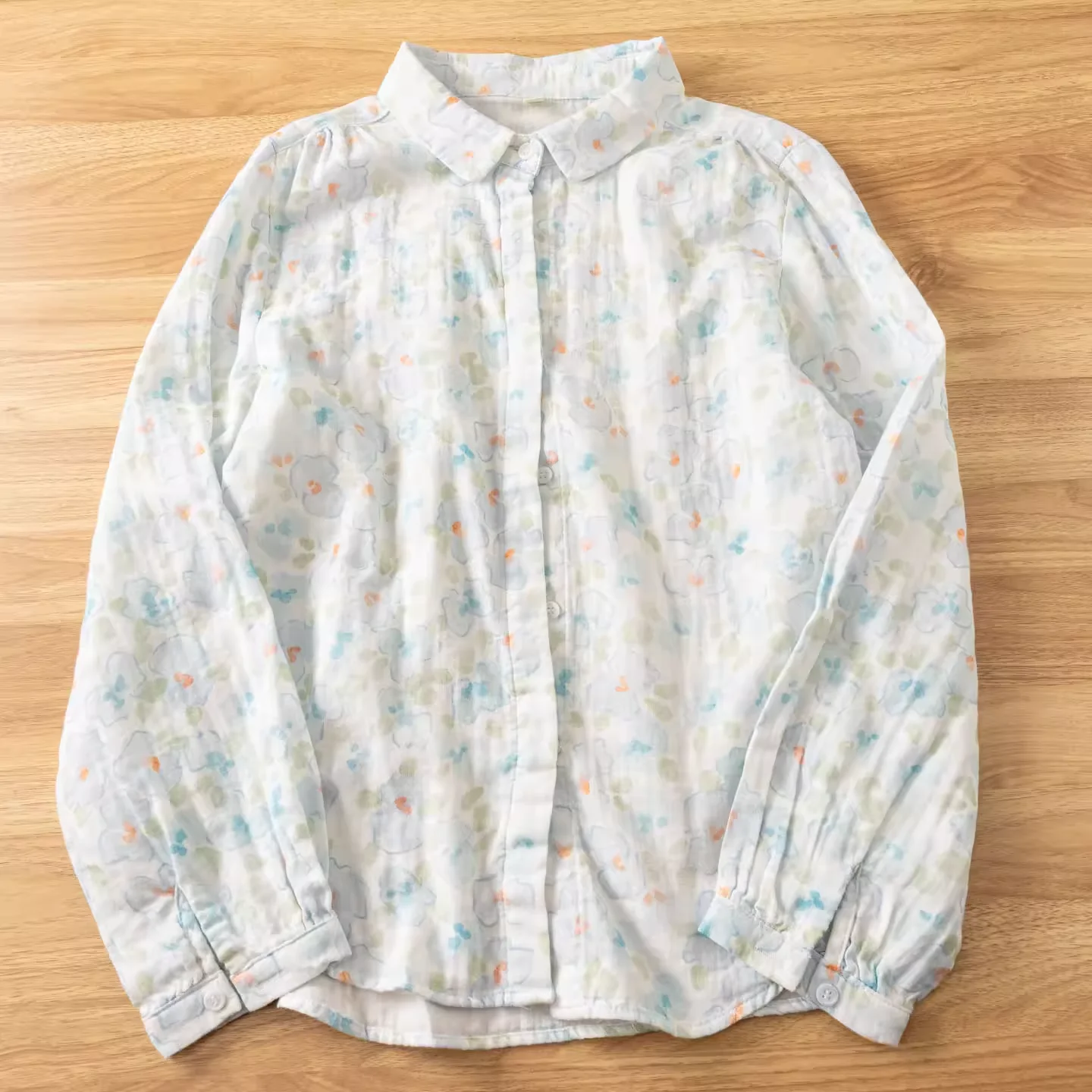 Enianechu Youth women\'s blouses Japanese art style cotton yarn blue green print shirts and blouses for women autumn ladies tops