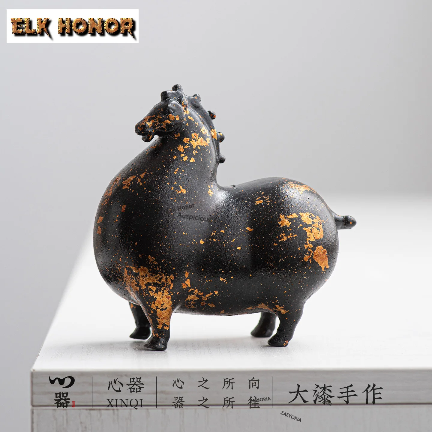 Handmade Lacquer Gold Foil Black Horse Tea Pet Japanese Flowerpot Landscaping Tea Figurine Play Toys Tea Statue Ornaments Gifts