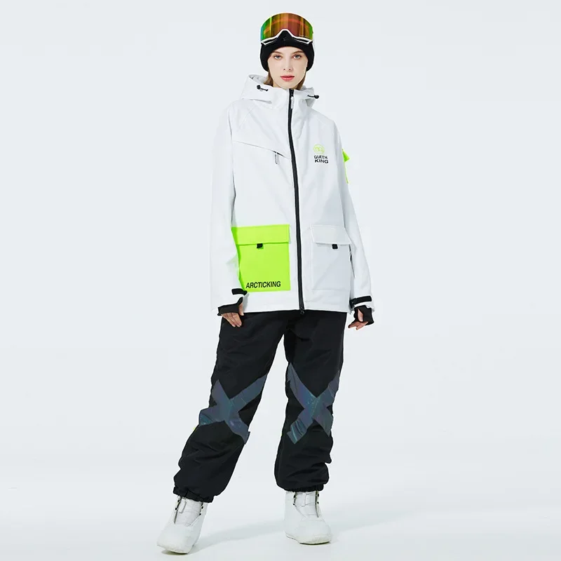 

2025 Новый комплект лыжного костюма, женский дышащий водонепроницаемый теплый лыжный костюм с капюшоном, зимняя уличная двухбортная свободная спортивная лыжная куртка