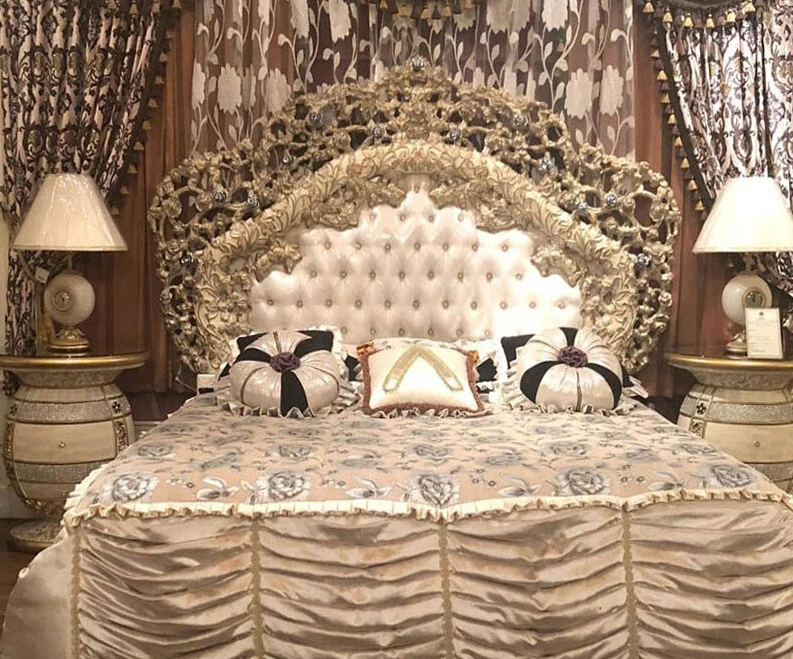 Leather bed villa palace solid wood main bed French luxury carved double bed wedding bed